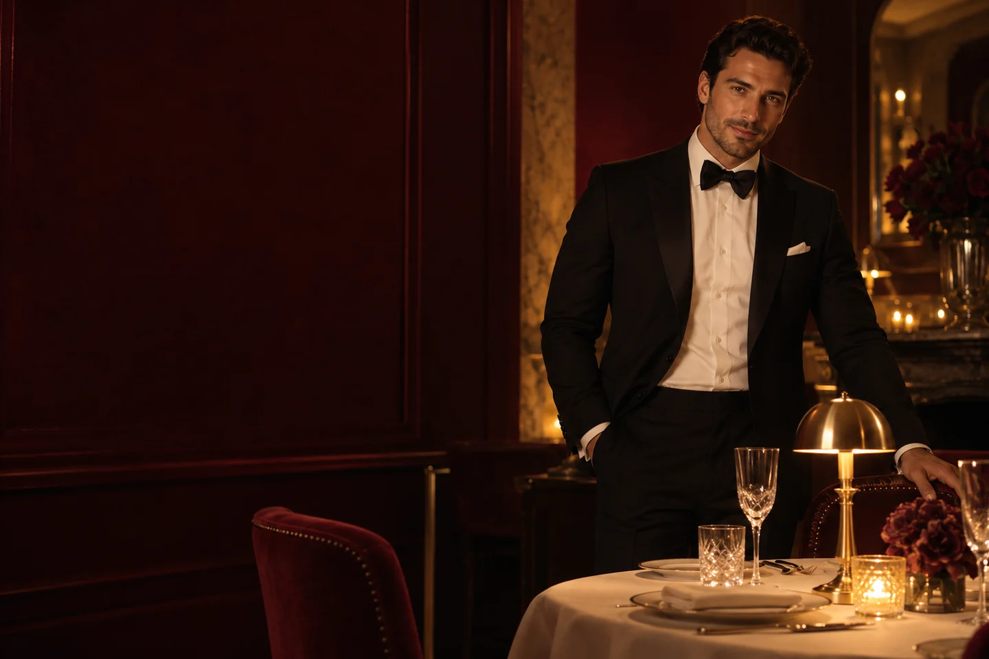 Cena a lume di candela con un gentleman in smoking. Immagine illustrativa generata.